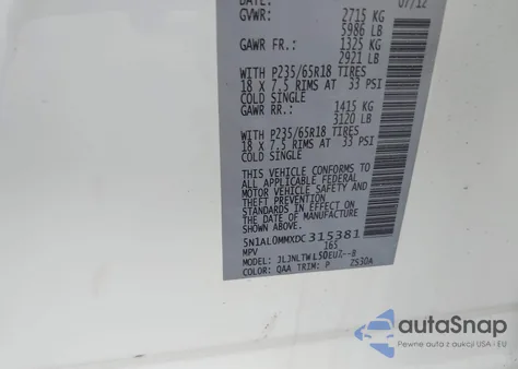 2013 Infiniti Jx35 z USA, uszkodzony, nr VIN 5N1AL0MMXDC315381